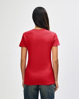 A red Gildan Heavy Cotton ladies' T-shirt displayed from the back, featuring a fitted style and short sleeves.
