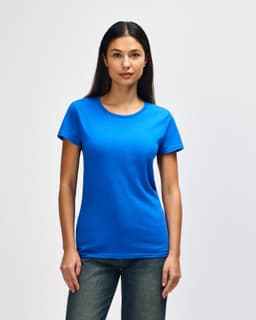 A blue Gildan Heavy Cotton ladies' T-shirt displayed on a model, featuring short sleeves and a crew neckline.