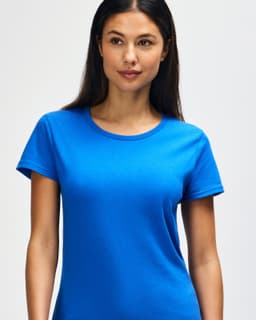 A blue ladies' t-shirt in a relaxed fit, featuring short sleeves and a round neckline. It has a logo.