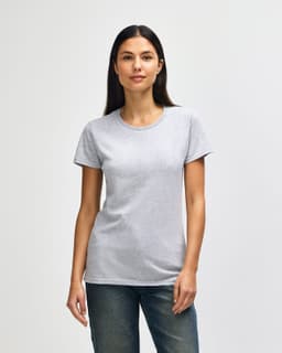 A grey ladies' t-shirt with a crew neck and short sleeves. Features a logo on the garment.