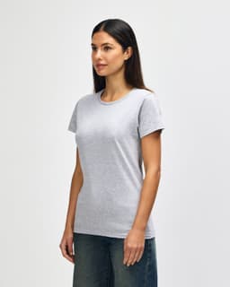 A grey ladies' t-shirt with a crew neck and short sleeves, worn by a model, featuring a logo.