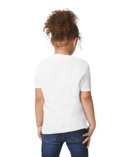 A child wearing a white Gildan Heavy Cotton Toddler T-Shirt, viewed from the back, paired with blue jeans.