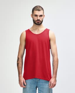A red Gildan Heavy Cotton adult tank top displayed on a model, featuring a logo on the garment.
