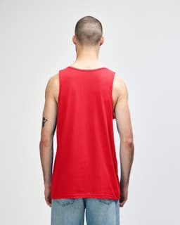 A red tank top with a casual fit, featuring a branding logo on the back.