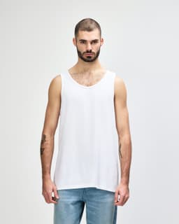 A white tank top displayed on a mannequin, featuring a simple design and a branding logo.