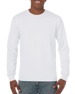 A white long sleeve T-shirt featuring a round neckline and a plain design, displayed on a smiling model.