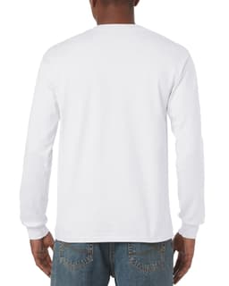 A white long sleeve T-shirt viewed from the back, worn by a person with no visible logo.