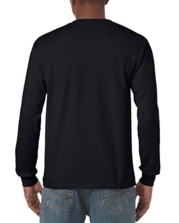 A person wearing a black long sleeve t-shirt, viewed from the back, paired with blue jeans. The shirt has a logo.