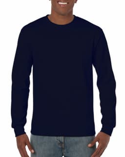 A navy long sleeve T-shirt displayed on a model, featuring a plain design and a logo.