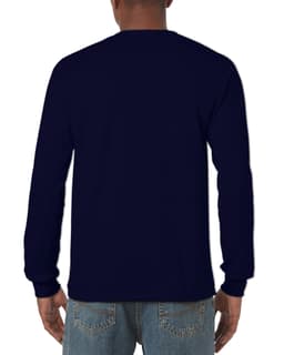 A navy long sleeve t-shirt is displayed from the back, featuring a plain design and a visible logo.