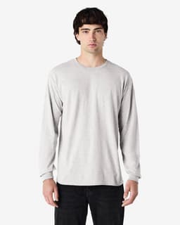 A light grey long sleeve t-shirt featuring a round neckline and a subtle branded logo.