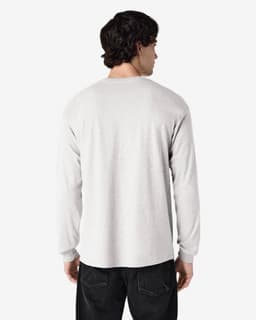 A light grey long sleeve T-shirt from the back, featuring a simple design and a logo on the back.