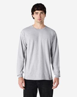 A long sleeve t-shirt in heather grey featuring a crew neckline and fitted sleeves, displayed on a model.