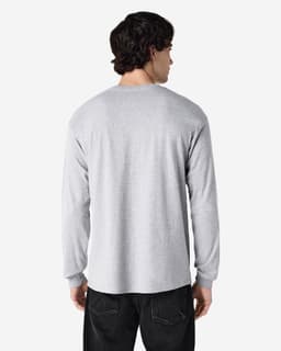 A grey long sleeve t-shirt with a round neck, featuring a simple design and a logo on the back.
