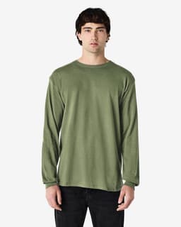 A long sleeve T-shirt in olive green, featuring a relaxed fit and a branding logo.