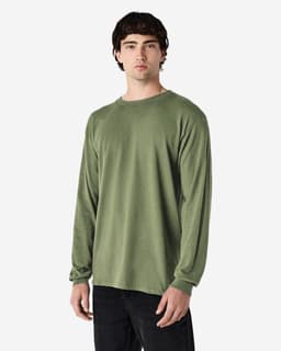 A long sleeve t-shirt in olive green, featuring a simple design and a logo on the garment.