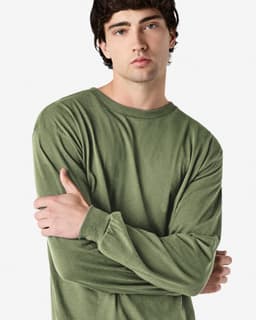 A long sleeve t-shirt in olive green, featuring a simple design and a logo on the front.