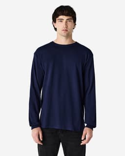A navy long sleeve t-shirt for adults, featuring a crew neck and a simple design. Includes a logo on the shirt.