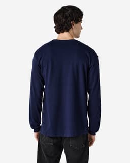 A navy long sleeve t-shirt with a logo on the back. The fabric appears heavy cotton.
