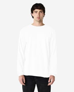 A white long sleeve t-shirt on a male model, featuring a logo on the chest.