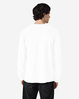 A white long sleeve t-shirt with a logo on the back, displayed on a person facing away.