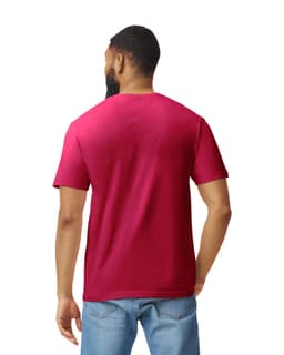 A man wearing a maroon Gildan Softstyle adult t-shirt, viewed from the back, features a logo on the shirt.