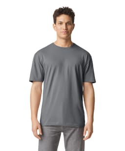 A plain grey adult T-shirt on a male model, featuring short sleeves and a round neckline. It has a logo.