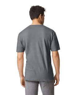 A grey Gildan Softstyle adult t-shirt displayed from the back, featuring a simple design and no visible logos.