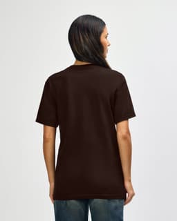 A brown Gildan Softstyle adult T-shirt viewed from the back, with short sleeves and a plain design.