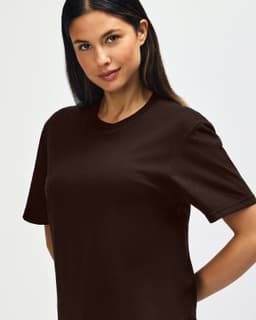 A brown Gildan Softstyle adult T-shirt displayed on a male model, featuring a round neckline and short sleeves.