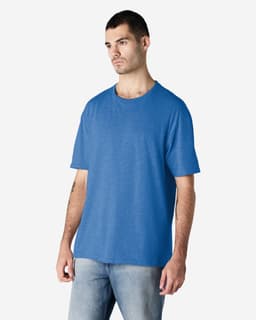 A blue Gildan Softstyle adult T-shirt displayed on a male model, featuring a relaxed fit and short sleeves.