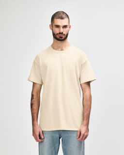 A light beige adult T-shirt displayed on a male model, featuring a crew neck and short sleeves.