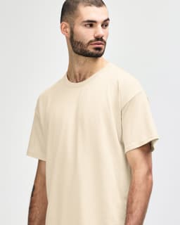 A light beige Gildan Softstyle adult t-shirt featuring a crew neck and short sleeves, displayed on a male model.