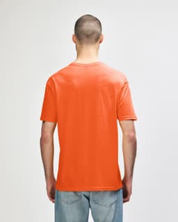 An orange adult t-shirt displayed from the back, featuring a plain design and a visible logo.