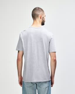 A grey Gildan Softstyle adult T-shirt displayed on a model, featuring a relaxed fit and short sleeves.