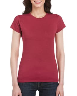 A fitted ladies' T-shirt in a rich burgundy colour, featuring short sleeves and a round neckline.