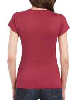 A burgundy Gildan Softstyle Ladies' T-Shirt seen from the back, featuring a fitted silhouette.