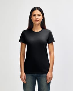 A black ladies' t-shirt with short sleeves, featuring a fitted design and a logo.