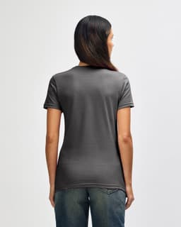 A ladies' t-shirt in a dark grey colour, featuring a fitted design and short sleeves. It has a logo on the back.