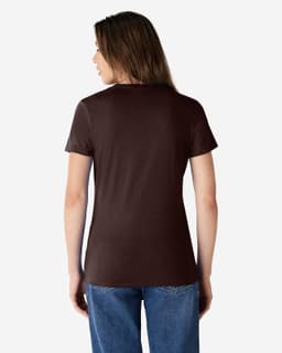 A ladies' t-shirt in brown, featuring a fitted design and short sleeves, with a logo on the back.