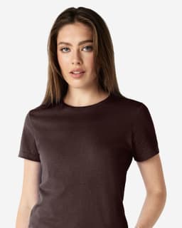 A ladies' t-shirt in dark brown featuring a round neck and short sleeves, with a logo on the front.