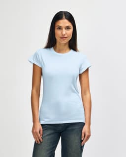 A light blue women's t-shirt with a classic fit, featuring a crew neckline and a logo.