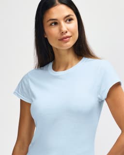 A blue ladies' T-shirt made from soft fabric, featuring a crew neck and short sleeves, with a logo.