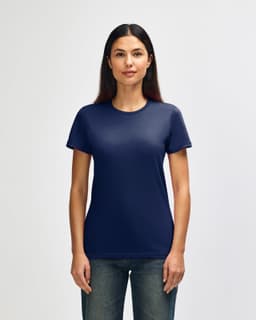 A navy blue ladies' t-shirt with a round neckline and short sleeves, featuring a logo on the chest area.