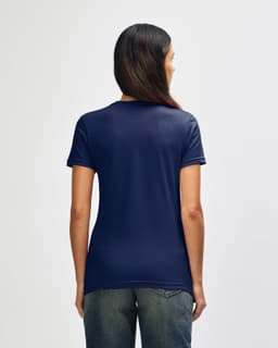 A navy blue ladies' t-shirt, featuring a fitted design and short sleeves, with a logo on the back.