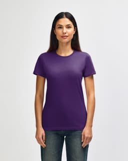 A purple ladies' t-shirt is displayed on a model. The shirt features a logo on the front.
