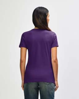A purple ladies' t-shirt featuring a fitted design and a logo on the back.