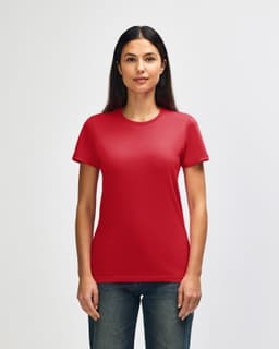 A red ladies' T-shirt with short sleeves, displayed on a model against a neutral background. The shirt features a logo.