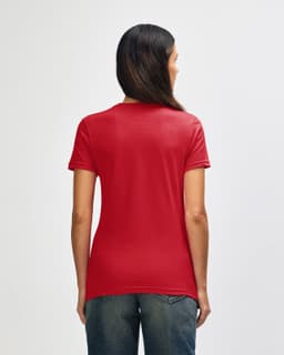 A red Gildan Softstyle ladies' t-shirt, viewed from the back, with a fitted design and short sleeves.