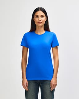 A blue ladies' T-shirt displayed on a model, featuring short sleeves and a round neckline. The shirt has a logo.